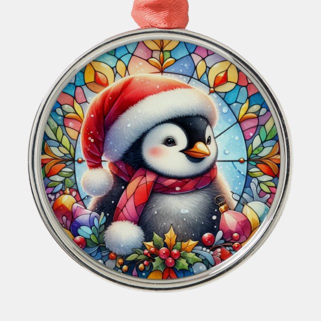 Metal Ornamento Redondo de Pinguins (Frente)