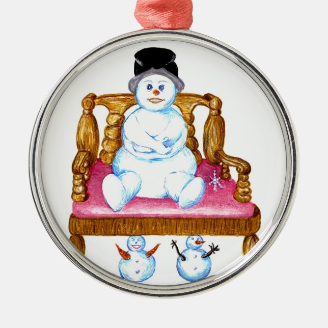 Metal Snowman Sentado Num ornamento de banco (Frente)