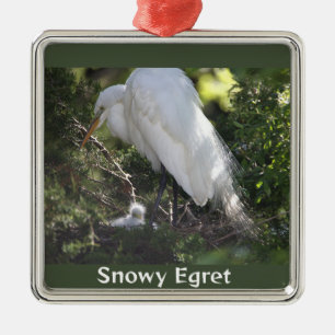 Metal Snowy Egret com Ornamento de Bebês