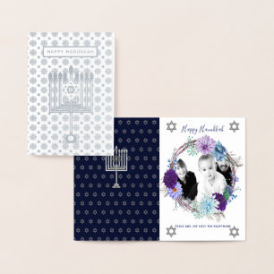 Metalizado CARTÃO COM FOTOS de Hanukkah AZUL SILVER - Flores