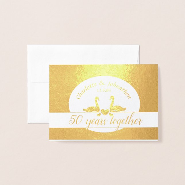 Metalizado Cartão de aniversário de casamento do Swan ouro 50 (Frente com Envelope)