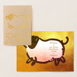 Metalizado Grande Porco Humorístico Ano 2019 Cartão Dourado