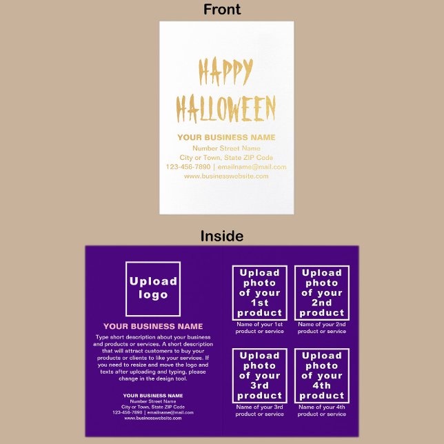 Metalizado Marca comercial roxa no cartão de dia das bruxas (Purple business brand with products or services on Halloween folded foil card.)