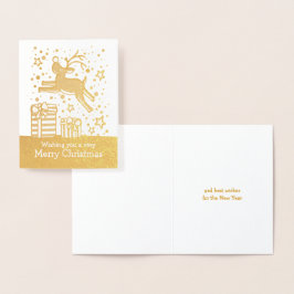 Metalizado Reindeer prancing over presentes Cartão de ouro de