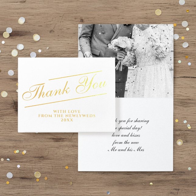 Metalizado Script Clássico Obrigado Cartão Foto de Casamento (Add your photo and short thank you message to these real foil thank you cards)