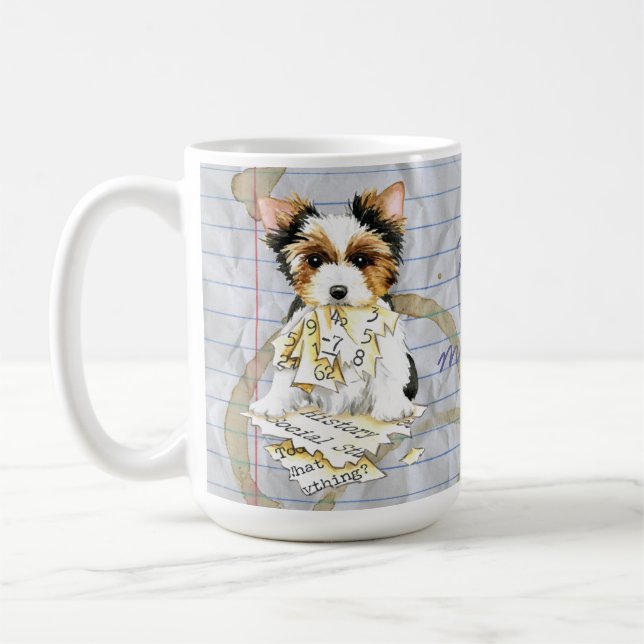Meu Biewer Terrier Comeu minha caneca de café com  (Esquerda)