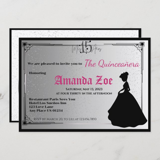 Meus Quinze Convite Elegante Preto e Branco (Frente/Verso)