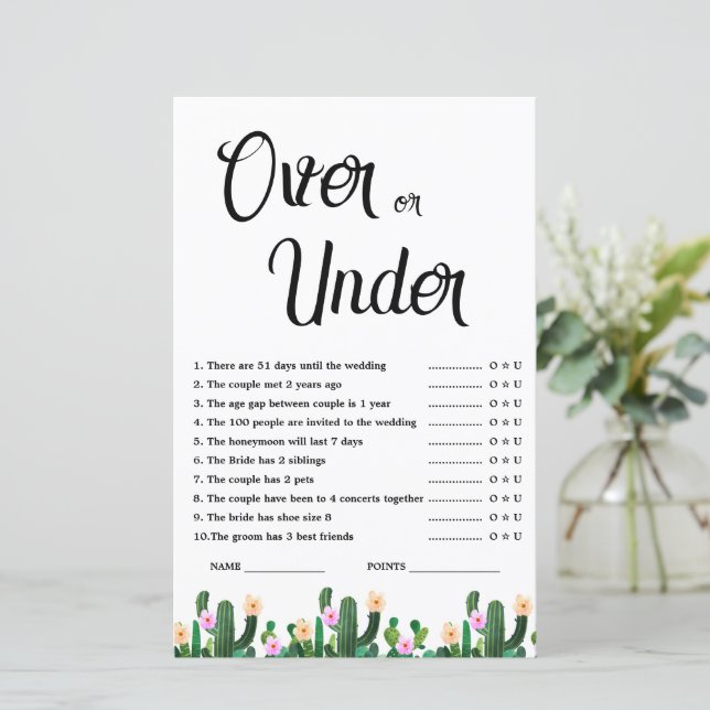 Mexican Cacti Over or Under Bridal Shower Game (Em pé/Frente)