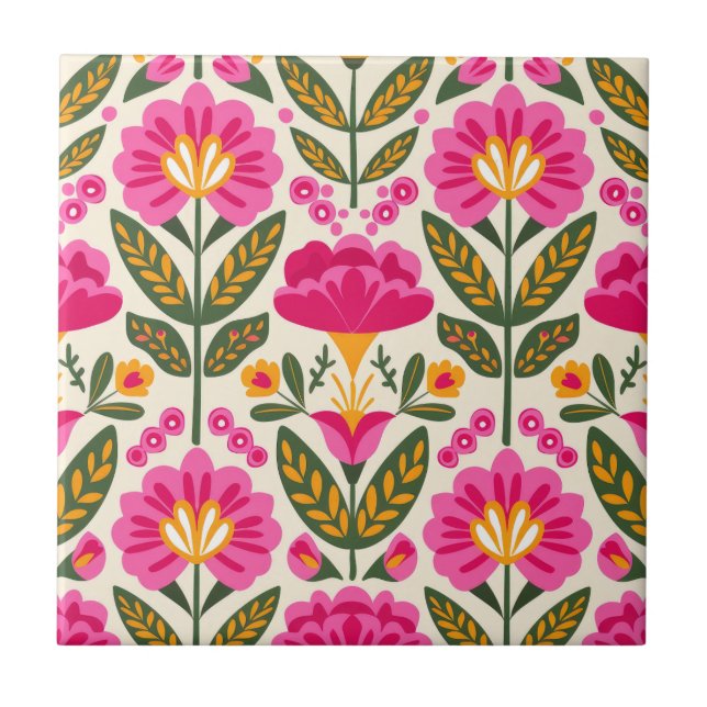 Mexican Talavera Flowers Fuchsia Pink Floral  (Frente)