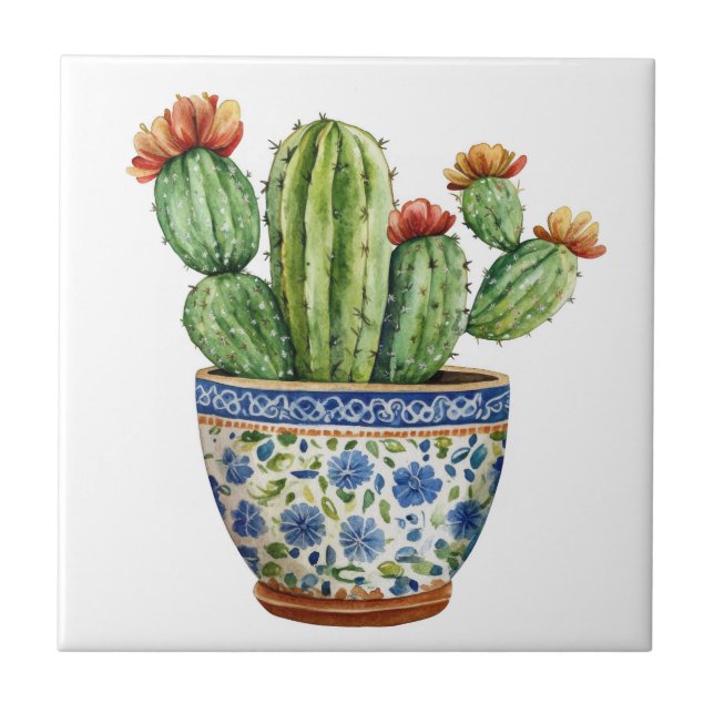Mexicano Talavera Hacienda Style Azulejo Cactus Wh (Frente)