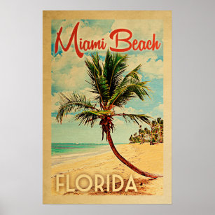 Miami Beach Poster Flórida Vintage Palm Tree Beach