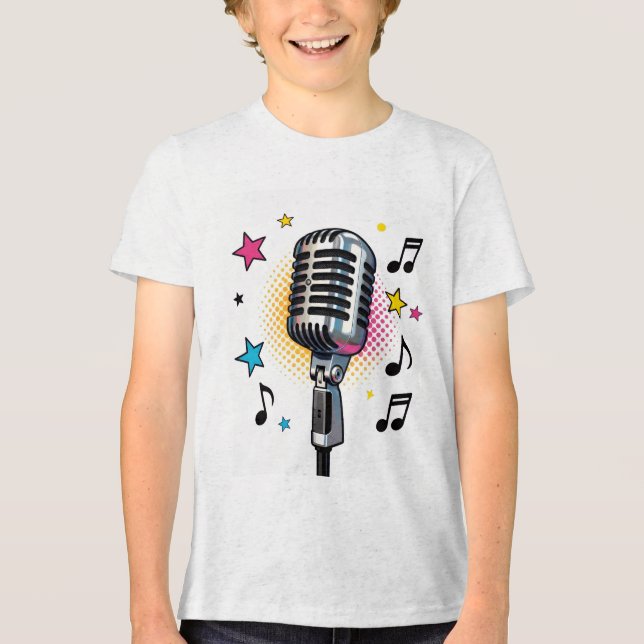 Microfone de pop com estrelas coloridas e notas mu (Frente)
