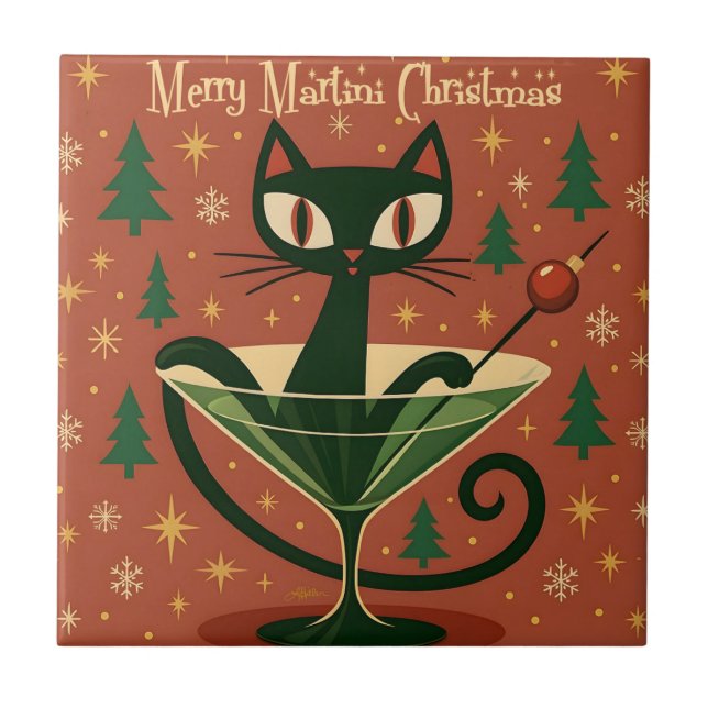 Mid Century Black Cat Merry Martini Christmas (Frente)