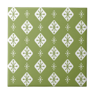 Midcentury Starbursts Diamonds Olive Green