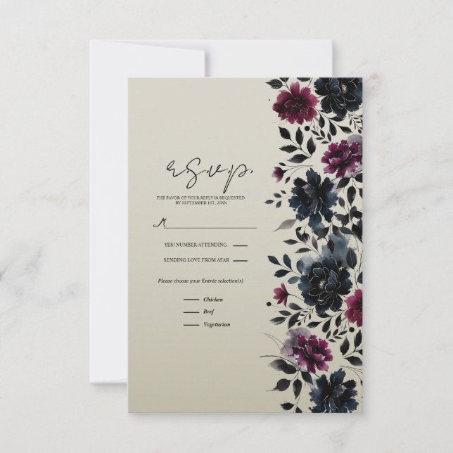 Midnight Blue Burgundy Inky Floral Almond RSVP (Frente)