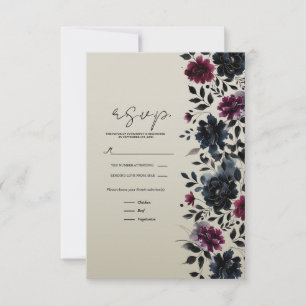 Midnight Blue Burgundy Inky Floral Almond RSVP