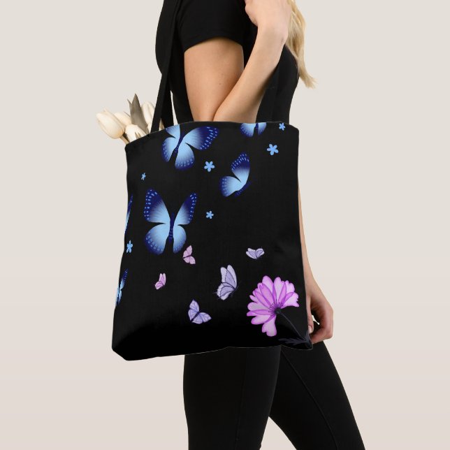 Midnight Butterfly Blue Floral Shoulder Tote Bag (Close Up)