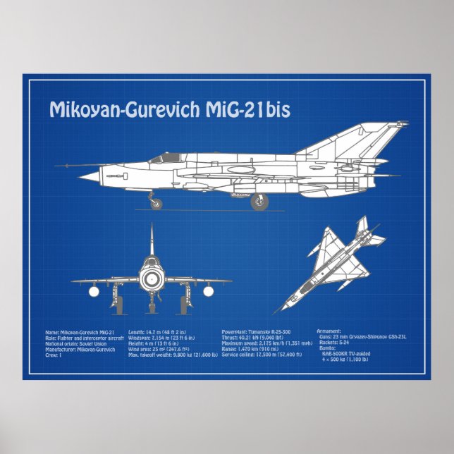 MiG-21 bis - ABD (Planos de Impressão Blueprint do (Frente)