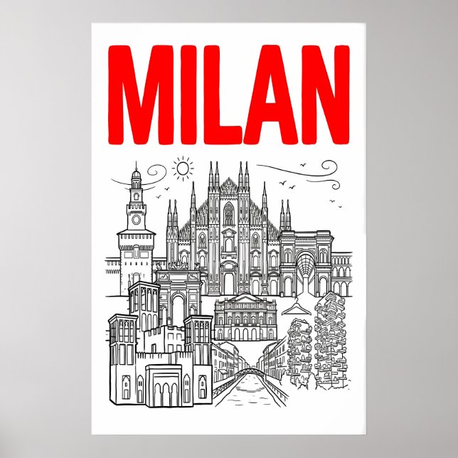 Milan Skyline Wall Art - Graphic Poster Style with (Frente)