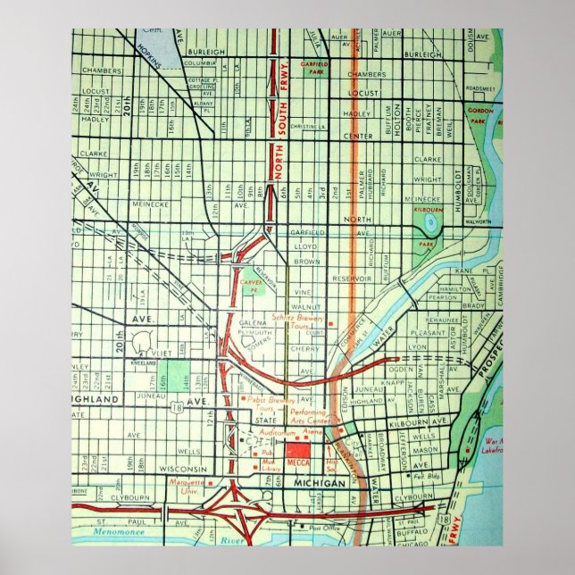 Milwaukee, Poster de Mapa de Vintage da WI (Frente)