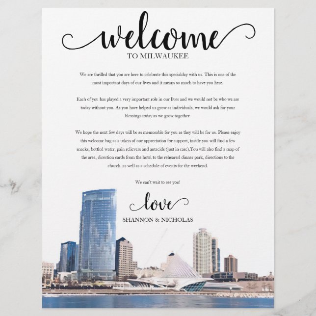 Milwaukee Wedding Weekend Welcome Itinerário (Frente)