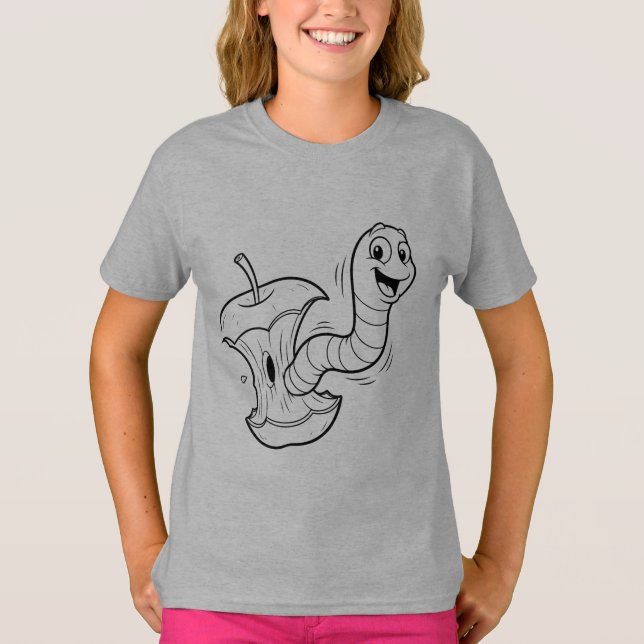 Minhoca Fofa em Camiseta Infantil Kawaii de Maçã - (Frente)