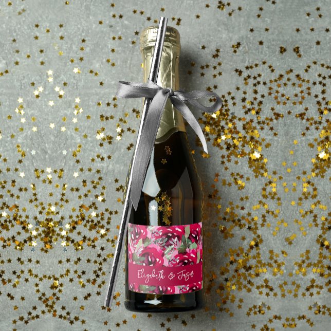 Mini Casamento de Flores Rosa de Aquarela Elegante (Elegant watercolor pink flowers mini sparkling wine labels personalized for your wedding)