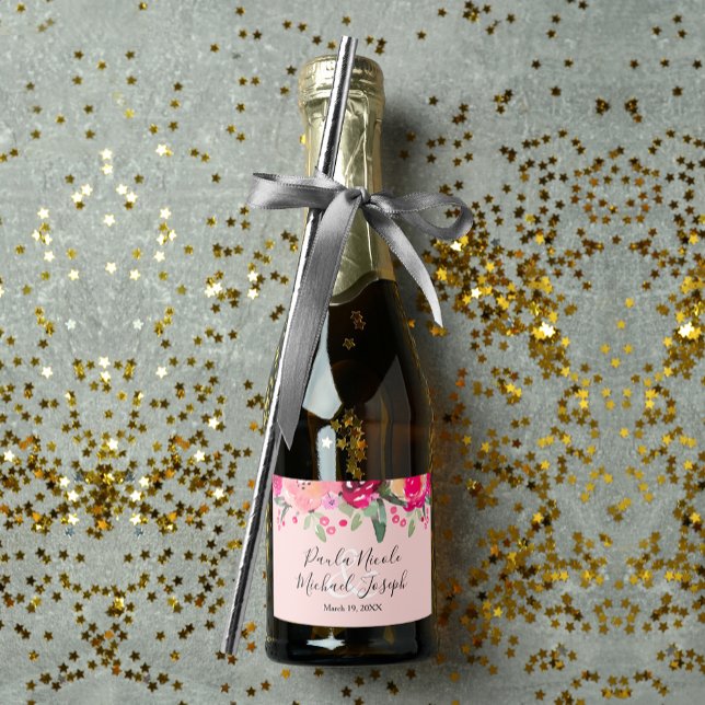 Mini Casamento Personalizado Floral Cor-de-Água Ro (Elegant watercolor pink flowers mini sparkling wine pink labels personalized for your wedding)
