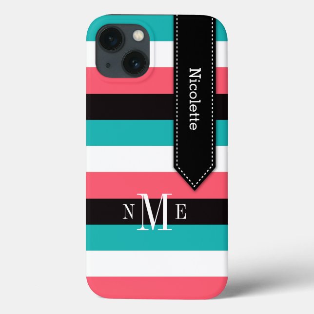 Mini Caso iPad | Stripes | Turquesa, Preto, Coral (Verso)