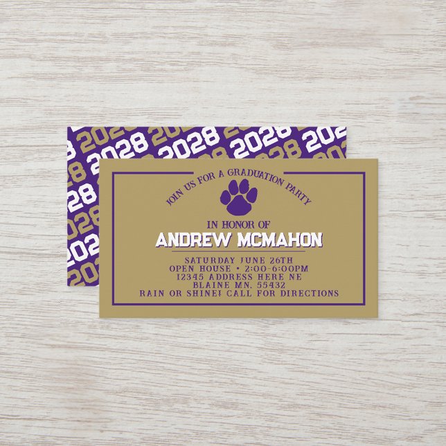 Mini convites para graduação Pawprint Roxo e Doura (Purple, White & Bronze Gold Pawprint Mini Graduation Invites for Friends, Team Mates or as Inserts!)