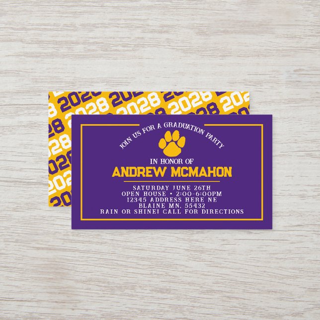Mini convites para graduação Pawprint Roxo e Doura (Purple & Gold Pawprint Mini Graduation Invitations for friends, classmates, teammates or inserts)