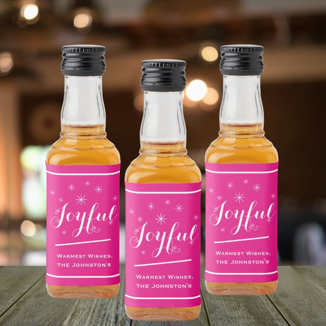 Mini Família Personalizada Joyful de presente de N ('Joyful' pink personalized mini liquor bottle labels.)