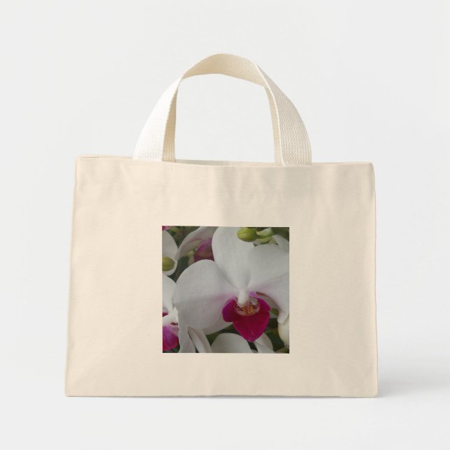Mini Orquídeas brancas e roxas em uma bolsa tote econôm (Frente)
