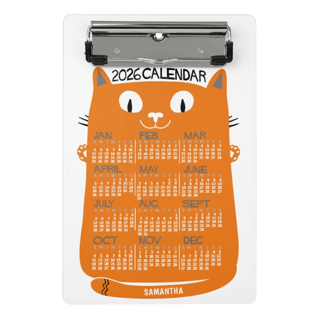 Mini Prancheta 2026 Year Monthly Calendar Mid-Century Orange Cat (Frente)