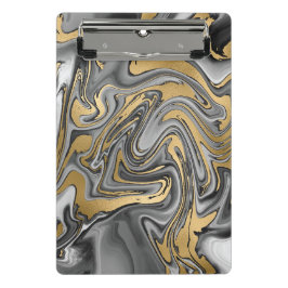 Mini Prancheta Abstrato De Óleo Marmoreado Preto, Branco E Dourad