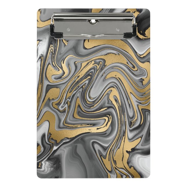 Mini Prancheta Abstrato De Óleo Marmoreado Preto, Branco E Dourad (Frente)