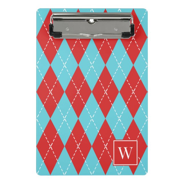 Mini Prancheta Argyle Costurado à Mão Preppy – Vermelho e Turques (Frente)
