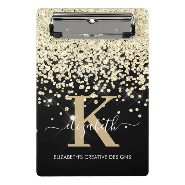 Mini Prancheta Assinatura do Monograma Dourado Glitter Preto com  (Frente)