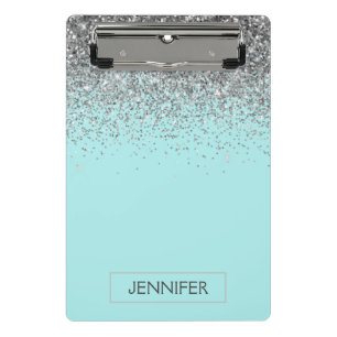 Mini Prancheta Azul Água Teal Glitter Prateado Nome Monograma Me