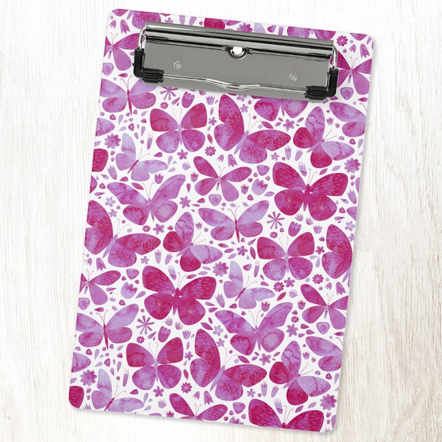 Mini Prancheta Borboleta Aquarela Rosa (Magenta pink watercolor butterfly pattern mini clipboard)