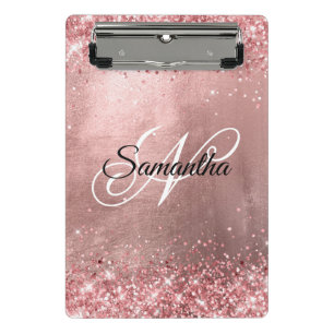 Mini Prancheta Brilho Rosa Coral Monograma Elegante Folha Dourado