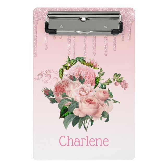 Mini Prancheta Buquê Floral Rosa Bege com Purpurina Rosa (Frente)