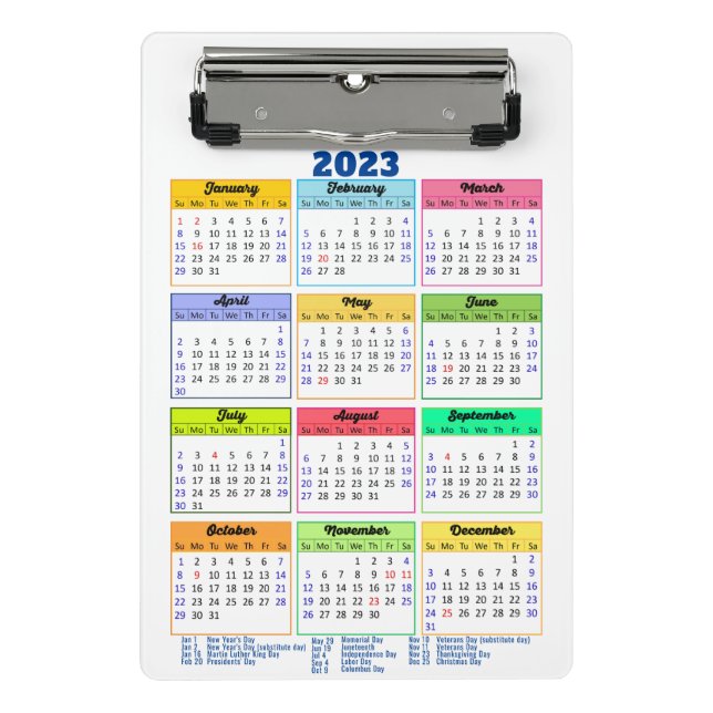 Mini Prancheta Calendário 2023 com feriados públicos Azul moderno (Frente)