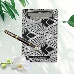 Mini Prancheta Cinza de Art Deco Padrão de Pavão Preto Retro Bran