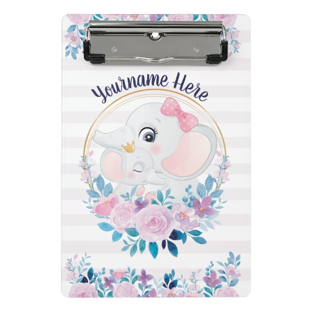 Mini Prancheta Coroa de Flores Rosa para Mãe e Bebê Elefante (Frente)