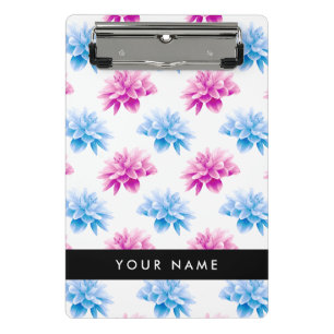 Mini Prancheta Dália Rosa e Azul, Padrão Floral, Seu Nome