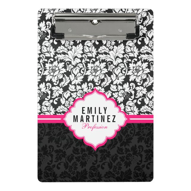 Mini Prancheta Damasco Preto E Branco Elegante Com Faixa Rosa (Frente)