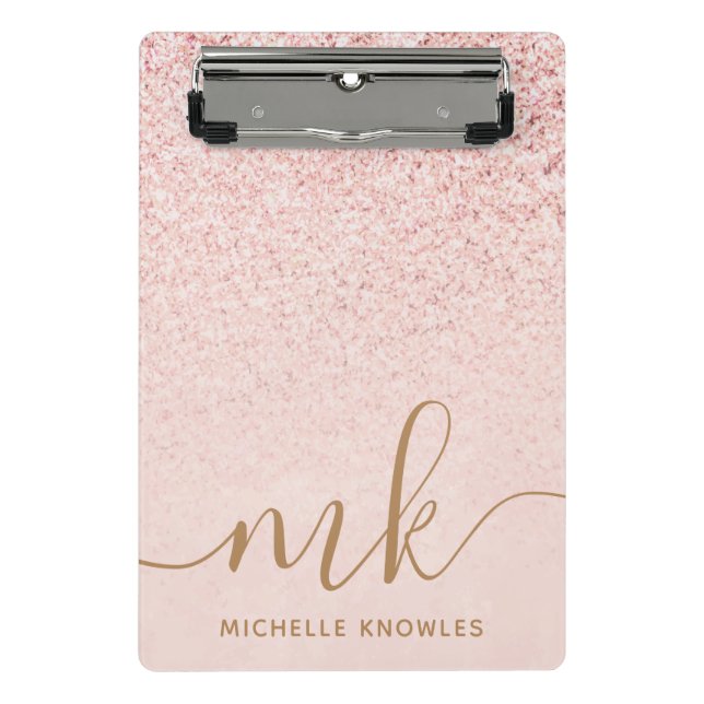 Mini Prancheta Dourado Rosa Glitter Inicial e Nome Chique e Moder (Frente)