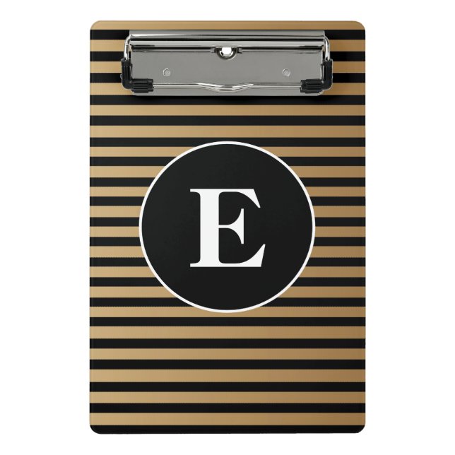 Mini Prancheta Elegante Monograma Listrado em Preto e Dourado (Frente)