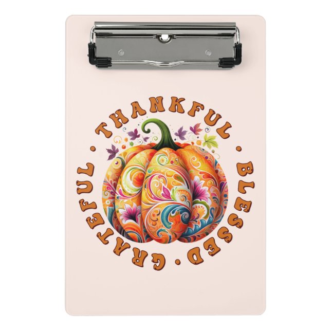 Mini Prancheta Feliz, Abençoado, Grata Pumpkin Floral (Frente)